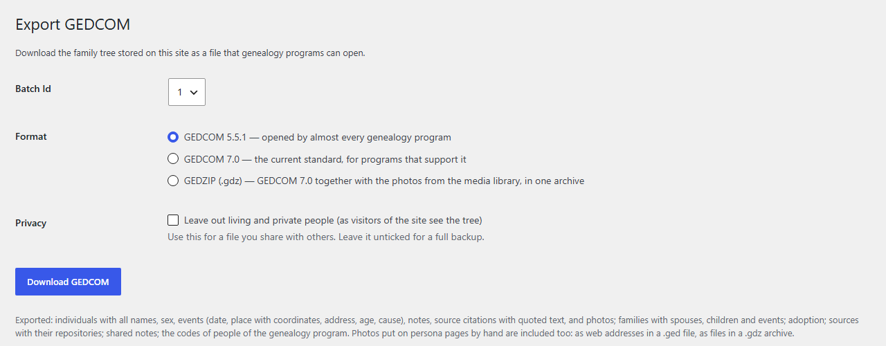 Tools → Export GEDCOM